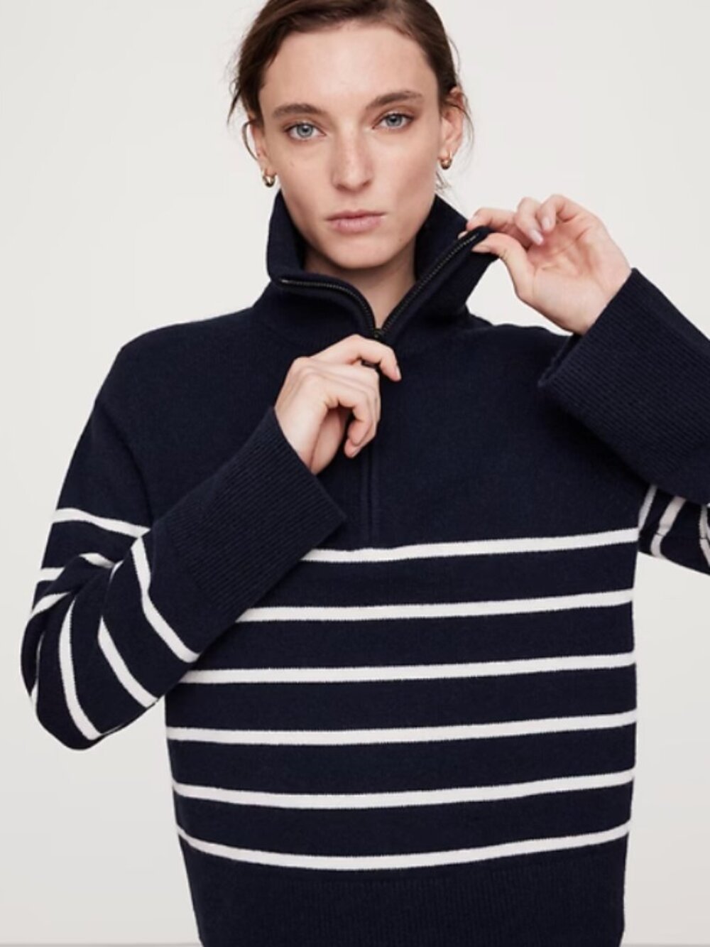 BANANA REPUBLIC Half Zip Cashmere Sweater Navy and White Zip-Up Striped Womens S - Picture 7 of 7
